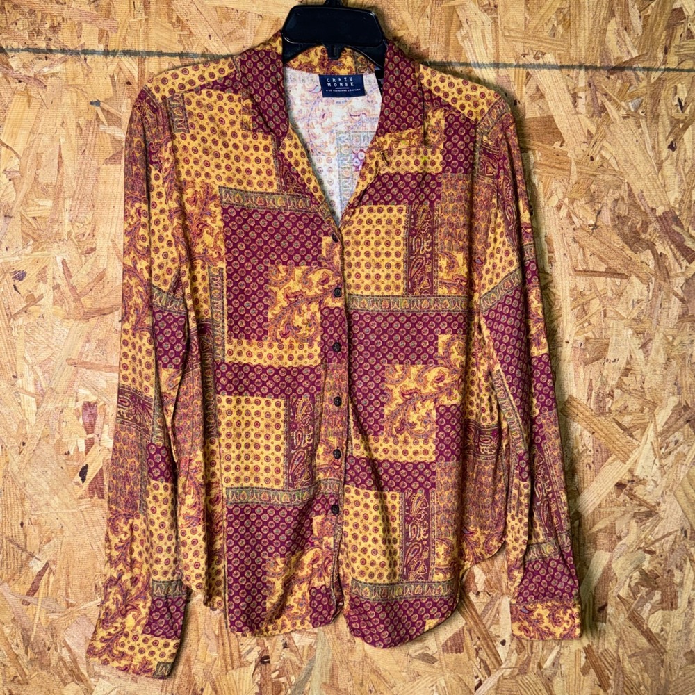 Crazy Horse Liz Claiborne Paisley Patchwork Button Blouse Top Boho Indie Rayon L